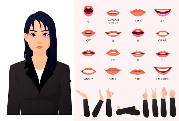 Mouth Animation set and lips Syncing with Asian Business Woman Vector