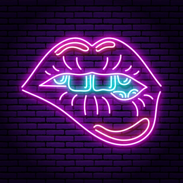 Vector mouth biting lip with teeth. purple neon sign. against the background of a brick wall.