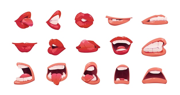 Vector mouth expression cartoon face emotion with open and clothed mouth lips teeth and tongue happy sad angry and sexy cute emotions collection vector set