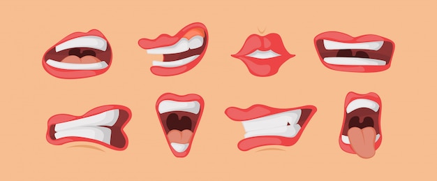 Mouth expressions facial gestures set in cartoon style.