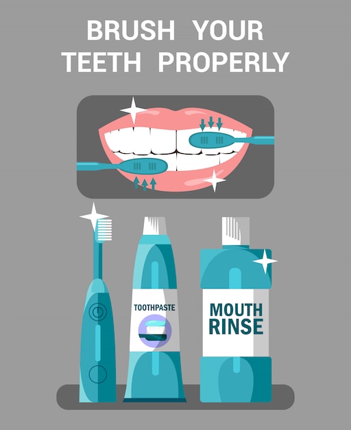 Illustrazione di igiene della bocca. lavati i denti correttamente.