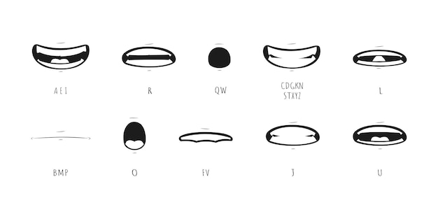 Набор выражений губ для губ. Губы позируют для анимационной черной плоской коллекции мультяшных персонажей.