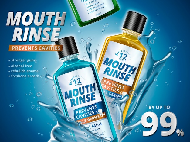 Mouth rinse ads, refreshing mouthwash products in different flavor with splashing aqua elements in 3d illustration