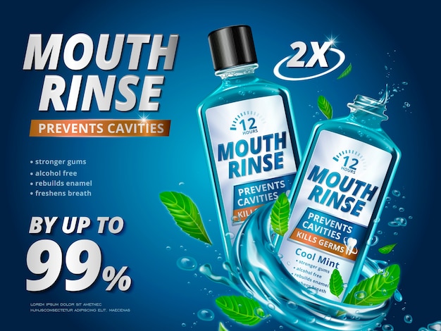 Mouth rinse ads, refreshing mouthwash products with mints leaves and splashing liquids in 3d illustration