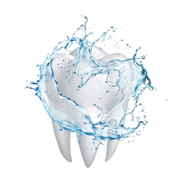 Collutorio o collutorio denti e acqua pulita flusso vortice spruzzata con gocce igiene dentale realistico 3d vettore bianco pulito dente e spruzzata di liquido di risciacquo orale blu trasparente