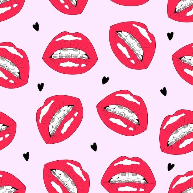 Mouth with braces. hand drawn lips seamless pattern