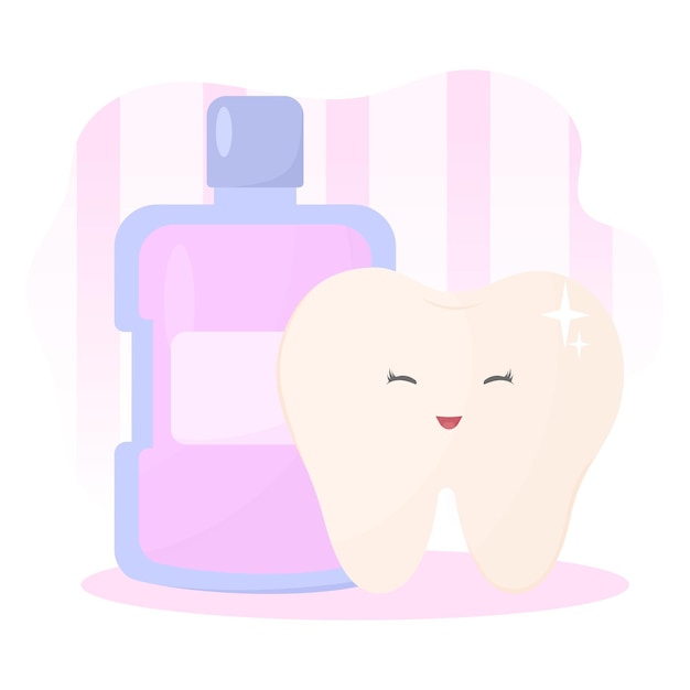 Mouthwash. Cute tooth character. Oral care. Vector illustration