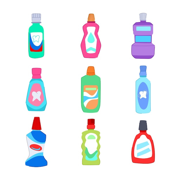 Mouthwash set cartoon liquid oral care dental hygiene fresh mouthwash sign isolated symbol vector illustration