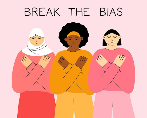 Vector movement against discrimination break the bias international woman day women allyship feminism concept african american and arab girls with gesture diversity and equality vector illustration