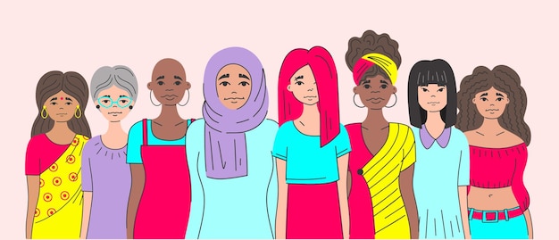 Движение против дискриминации xaстереотипы неравенствагруппа женщин разных этнических групп мусульманка индианка африканка неформально разорвать предрассудки альянс женский феминизм международный женский день