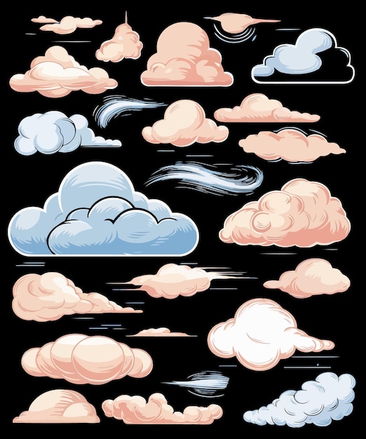 다양한 모양과 크기의 만화 증기 구름 부풀이 또는 연기의 움직임