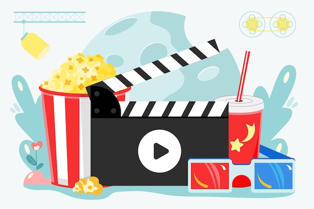 Movie background cinema concept poster with popcorn bowl clapper drink detailed vector illustration