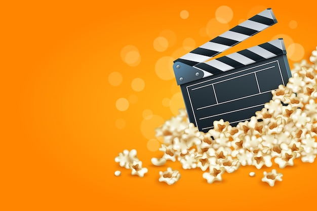映画のバナー 映画の背景 ポップコーン クリエイティブなフード カメラ アート レイアウト 映画産業 孤立した3D要素 ランディングページのテンプレート ベクトル リアルなデザイン
