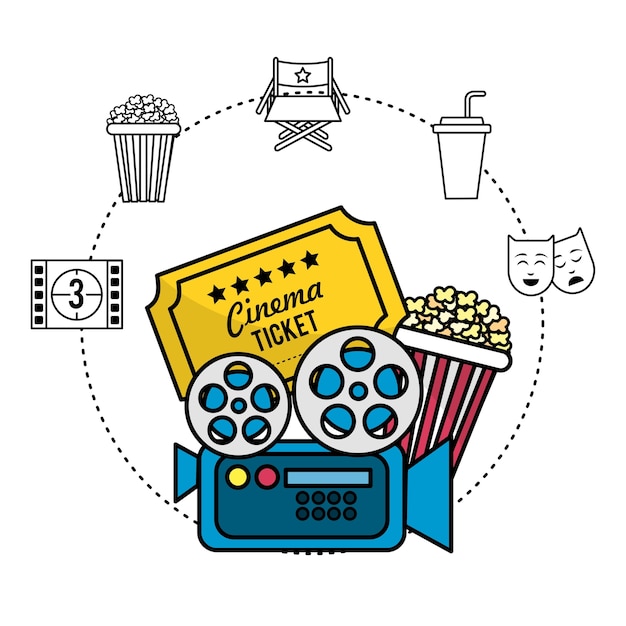 кинокамера с билетом и попкорном