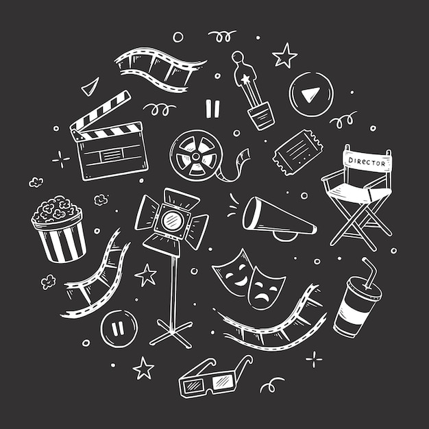 Illustrazione dell'icona del doodle del cinema del cinema doodle disegnato a mano in stile schizzo elementi del film popcorn ciak della videocamera