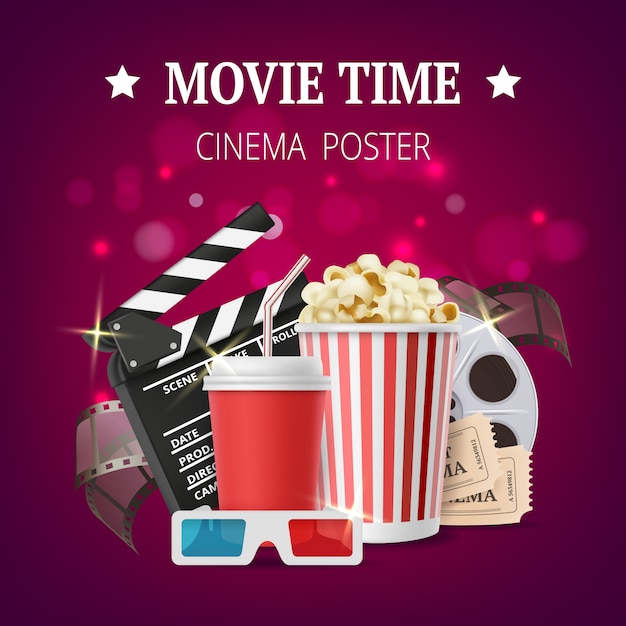 Movie , Cinema placard   with film production symbols tape stereo glasses popcorn clapperboards