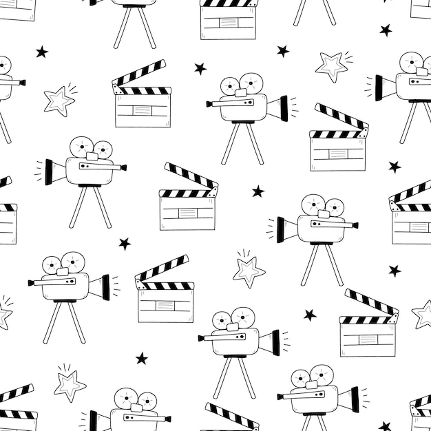 Movie cinema vector pattern Doodle hand drawn sketch style movie seamless pattern Cinema elements for media production festival theater background Vector illustration