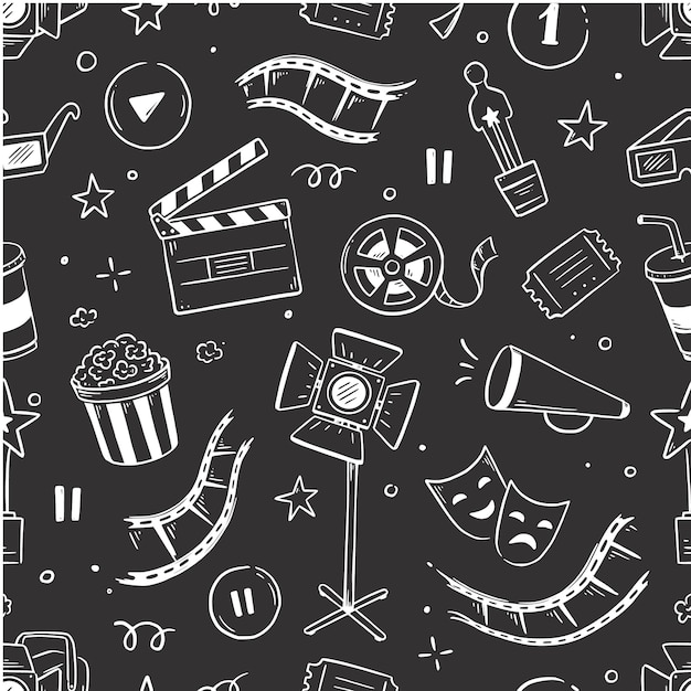 Vettore modello vettoriale del cinema cinematografico modello senza cuciture del film in stile schizzo disegnato a mano doodle elementi cinematografici per lo sfondo del teatro del festival di produzione multimediale vettore