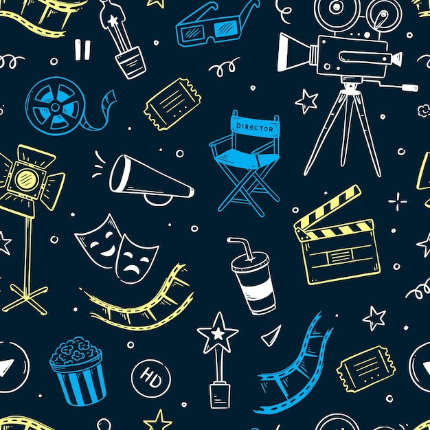 Modello vettoriale del cinema cinematografico modello senza cuciture del film in stile schizzo disegnato a mano doodle elementi cinematografici per lo sfondo del teatro del festival di produzione multimediale vettore