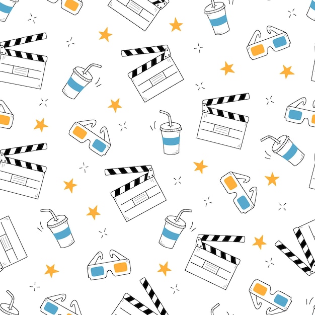 Modello vettoriale del cinematografo modello senza cuciture del film in stile schizzo disegnato a mano di doodle elementi cinematografici