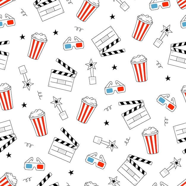 Vector movie cinema vector pattern doodle hand drawn sketch style movie seamless pattern cinema elements