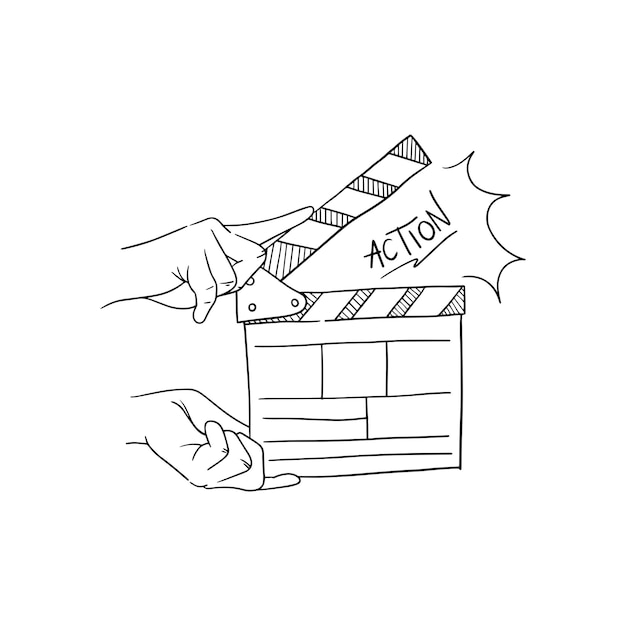 Movie clapperboard doodle icon Het bord klapt om de videoclipscène te starten