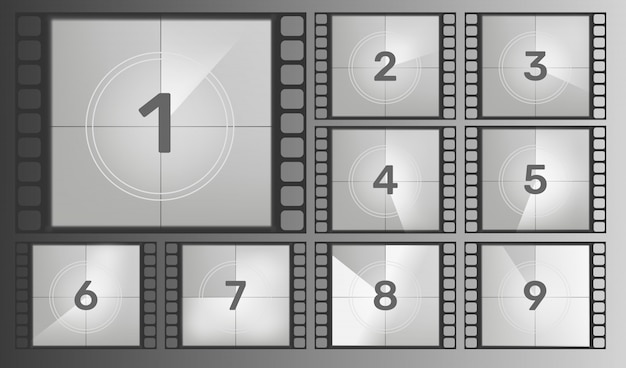 Vector movie countdown on retro vintage cinema film screen with circle timer. vintage retro cinema.