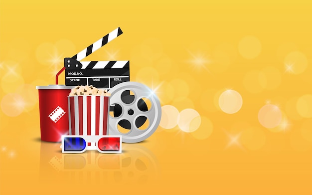 Movie film banner design template Cinema background concept Cinema concept with popcorn filmstrip and film clapper on yellow background vector illustration