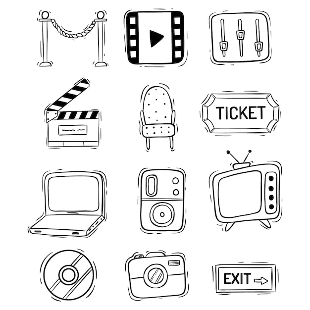 Vector movie or film icons collection with doodle style