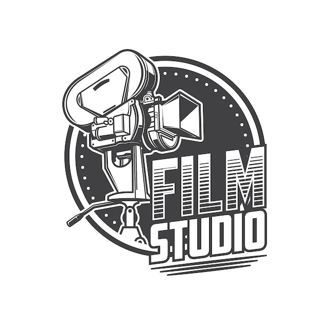 Vector movie film studio icon with retro camera or cinema movie video vector sign cinematography and video production studio emblem with old classic reel movie camera or motion picture equipment