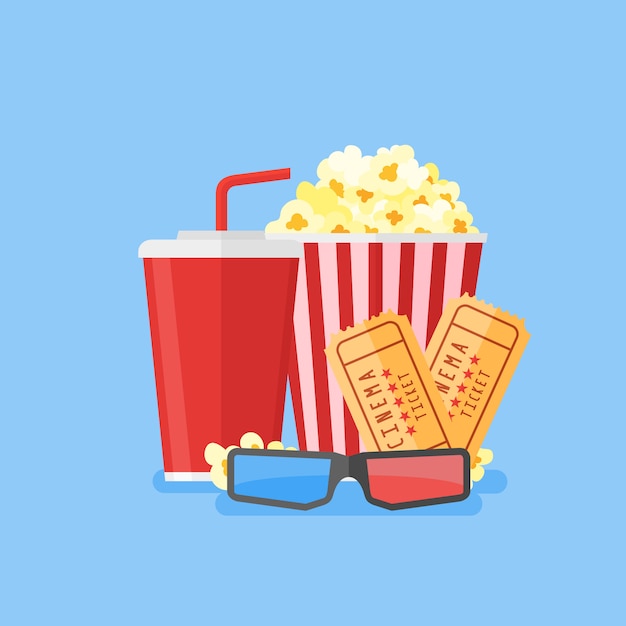 Movie illustration. Popcorn, soda takeaway, 3d cinema glasses and tickets. Cinema design in flat style.