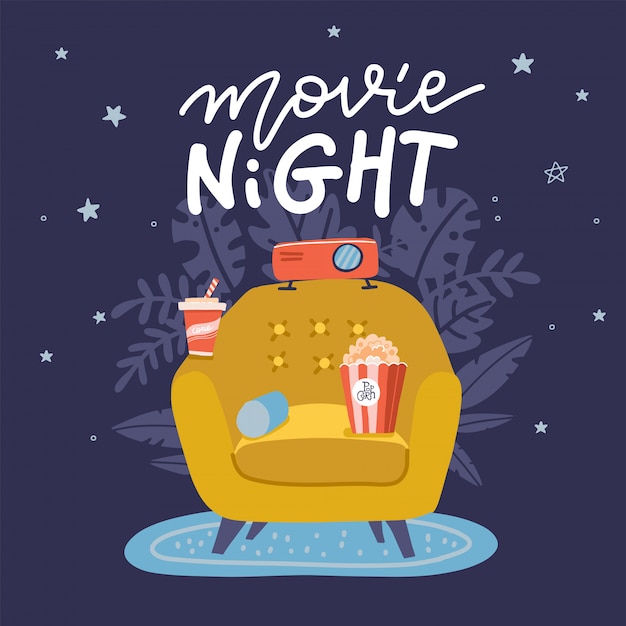 Design di banner per la notte del cinema. concept design alla moda per guardare film in casa con divano giallo divano e proiettore cinematografico. ideale per web, grafica e motion design. illustrazione piatta.