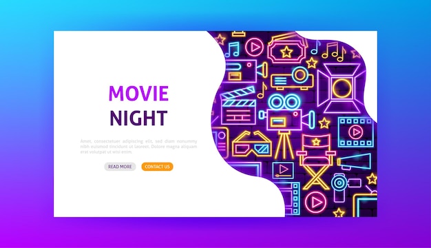 Movie night neon landing page. vector illustration of cinema promotion.