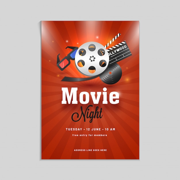 Movie night poster, banner or flyer design with showreel, 3D glasses, and clapboard..