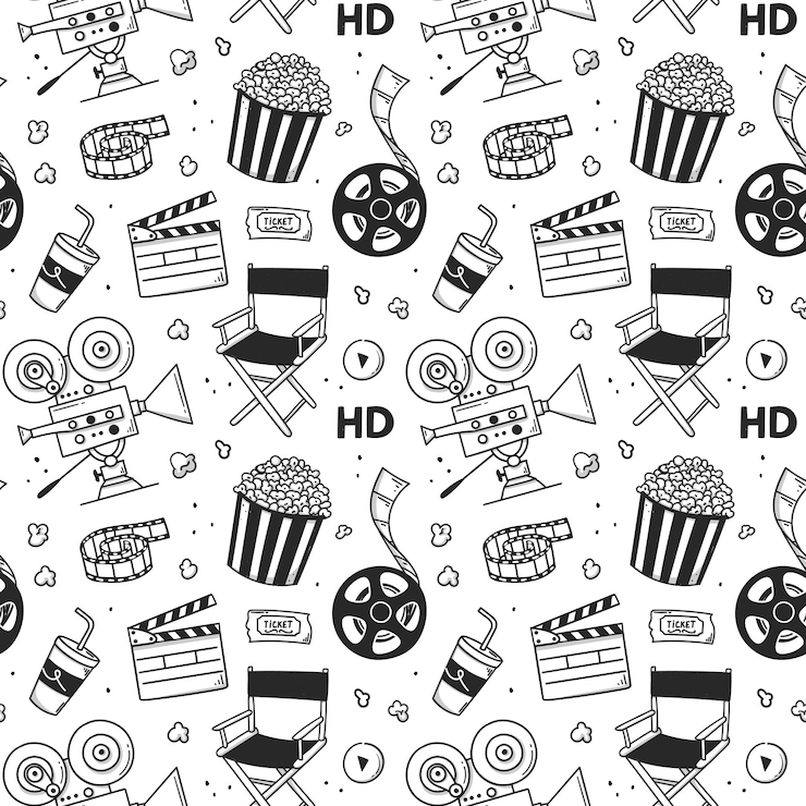 Vector movie pattern hand drawn background in doodle style