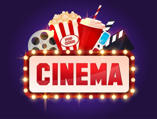 Movie poster. Cinema banner with popcorn, soda, clapperboard. Glowing cinema banner.