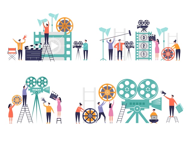 Vector movie production concept.  characters making films video camera clapboard filming person  colored backgrounds