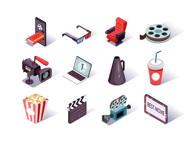 Vector movie production isometric icons set.