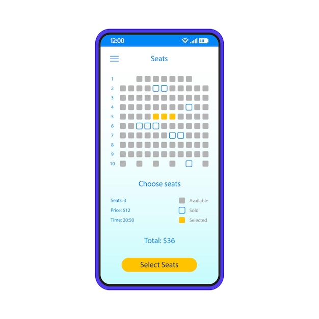 Vector movie seats booking smartphone interface vector template. mobile app page blue design layout. theatre, concert places selection screen. flat ui for application. online ticket reservation phone display