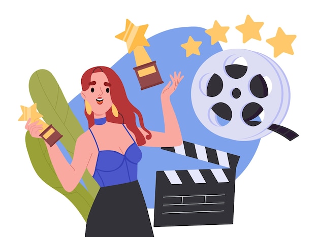 Vector movie star woman concept trendy young girl with clapperboard and golden statue famous actress with