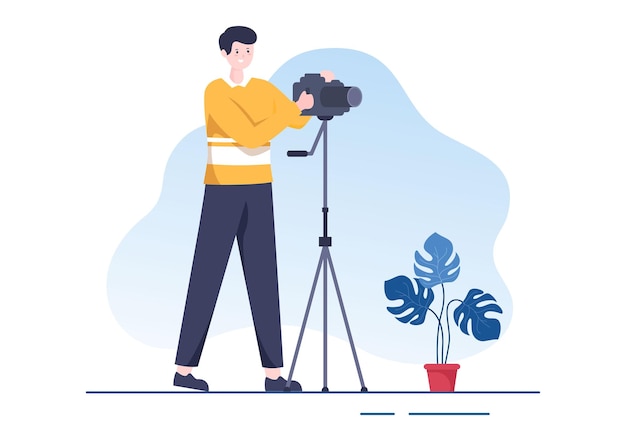 Movie Studio with Camera Crew Team People Directur lights Microphone on Scene Shooting Location for Making Film in Flat Design Background Illustration