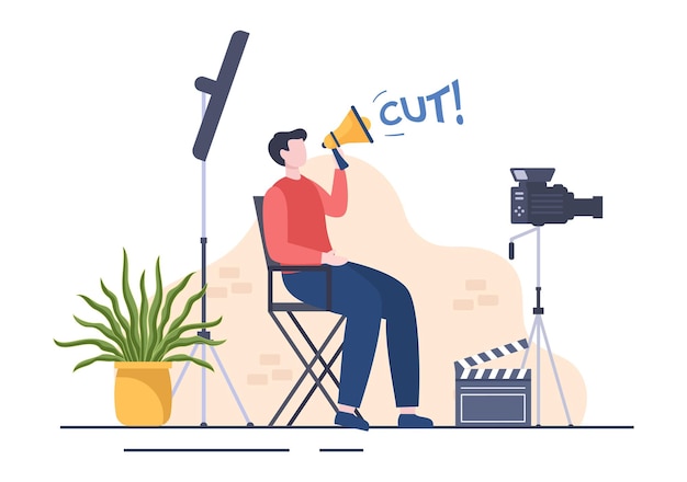 Movie Studio with Camera Crew Team People Directur lights Microphone on Scene Shooting Location for Making Film in Flat Design Background Illustration