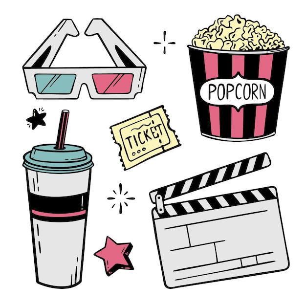 Movie theater set of elements handdrawn line for festivals and holidays Vector illustration doodle