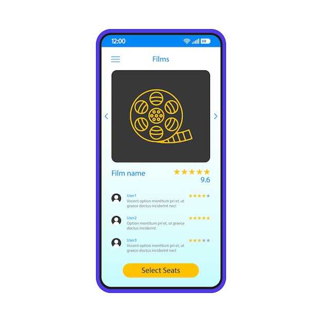 Vettore modello vettoriale dell'interfaccia dello smartphone per la prenotazione di biglietti per il cinema. layout di design blu della pagina dell'app mobile. classificazione film online, schermata di selezione dei posti cinematografici. interfaccia utente piatta per l'applicazione. display del telefono di feedback degli utenti