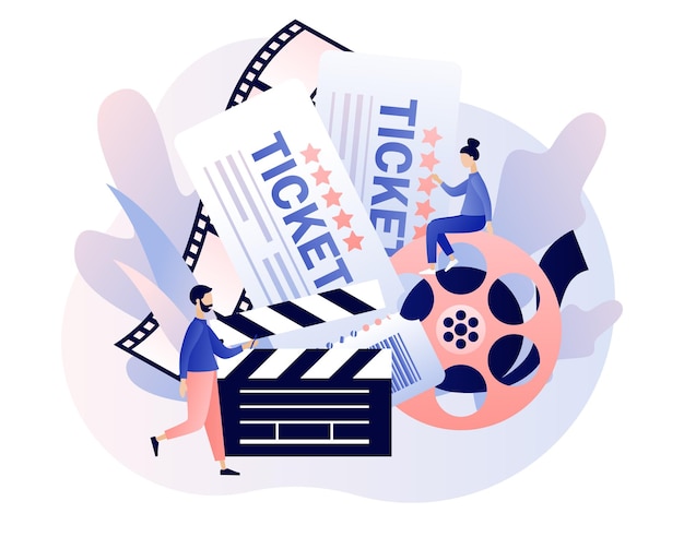 Онлайн-продажа билетов в кино Маленькие люди покупают билеты в интернете Онлайн-кинотеатр Кинематография