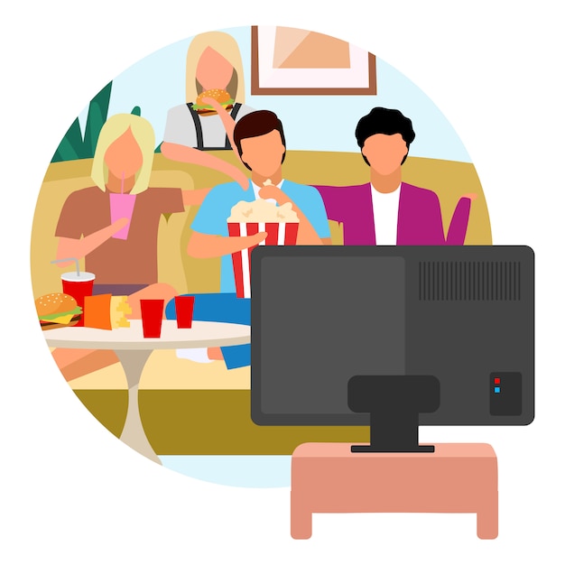 Vector movie time flat concept icon. friends watching tv and eating snacks, popcorn. weekend activity sticker. best friends spending time together, pastime. isolated cartoon illustration on white background