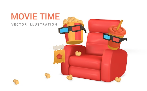 Vector movie time poster banner with phone bucket of popcorn armchair ticket 3d glasses and paper cup vector illustration