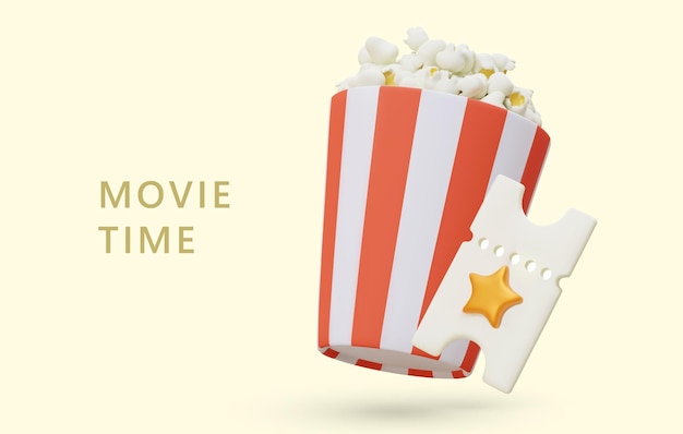 Movie time Realistic round striped bucket with popcorn ticket with golden star