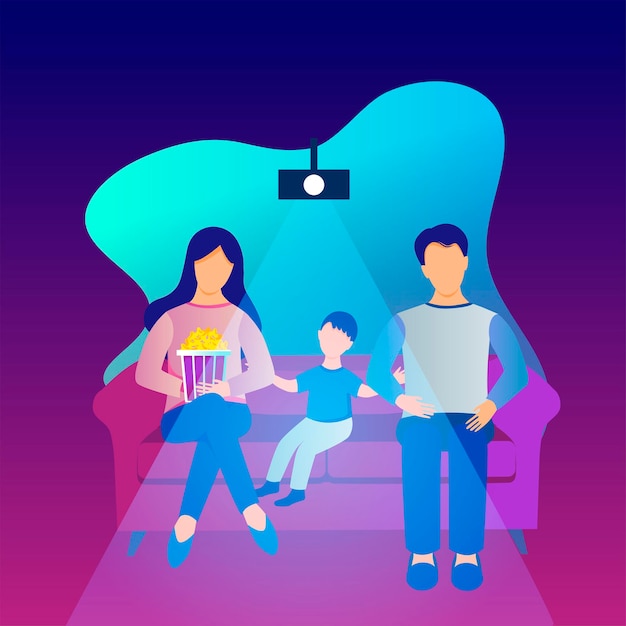 Vector movie time vector illustration. family watching a film on the couch on a purple background.