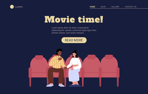 Vettore layout del sito web di tempo di film con coppia in illustrazione vettoriale piatto cinema